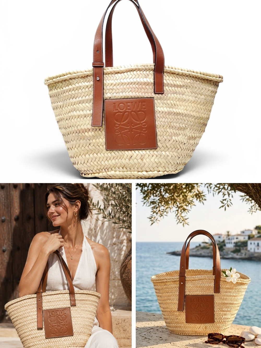 LOEWE Medium Basket Bag Palm Leaf & Calfskin Tan Brown Tote Spain